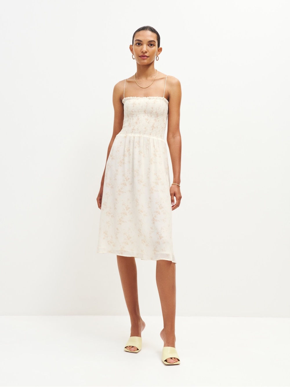 Reformation Cream Floral Smocked Midi Dress